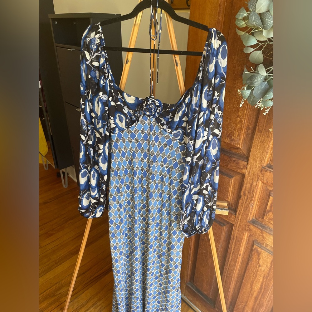 Stunning Blue Mixed-Print Maxi Dress (XL)